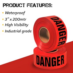 WARNING TAPE CAUTION DANGER 3 ” X 200 MTRS – High visibility tape due to its striking colors one side printing – “DANGER” / “CAUTION DO NOT ENTER