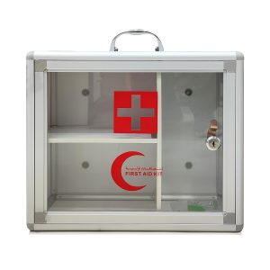 FIRST AID EMPTY GLASS BOX (Small)– Made from High Grade GI Metal, Front Toughened Glass Fitted, With Security Lock On Door For Safety